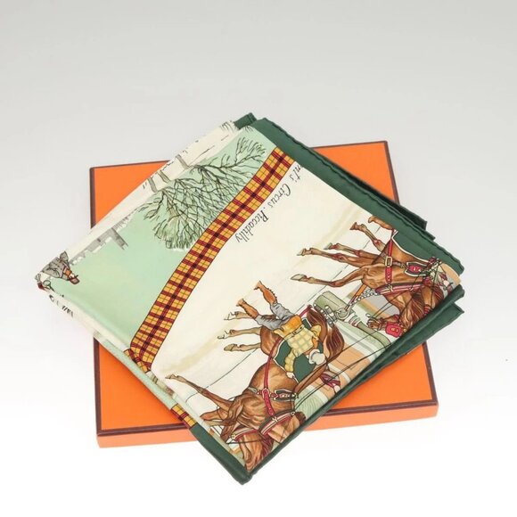 HERMES Carre 90 Scarf ""L’HIVER EN POSTE"" Silk Green Auth - Picture 1 of 16